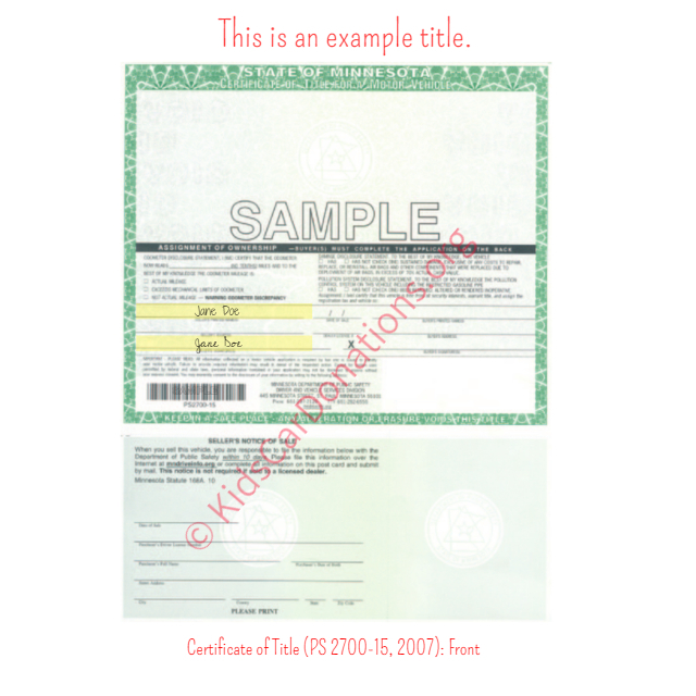 This is an Example of Minnesota Certificate of Title (PS 2700-15, 2007) Front View | Kids Car Donations
